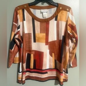Alfred Dunner Women's Geometric Colorblock Abstract 3/4 Sleeve Top petite L